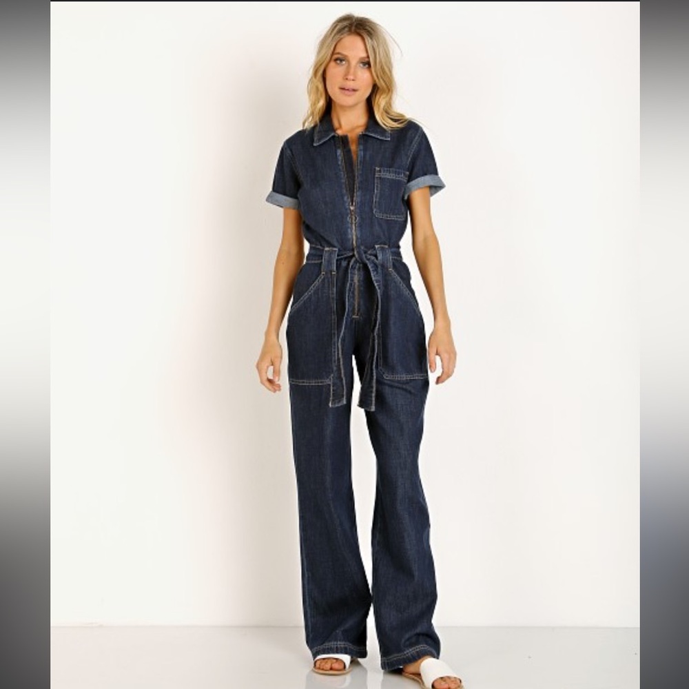 Wrangler Dark Indigo Denim Belted Short-Sleeve Jumpsuit
